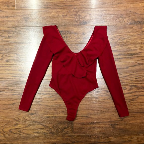 Boohoo Dark Red Ruffle Long Sleeved Bodysuit - Picture 7 of 7